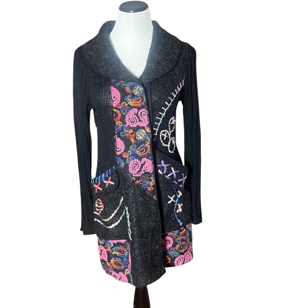 Sioni Womens Wool Mohair Blend Paisley Embroidered Long Cardigan Sweater Black M